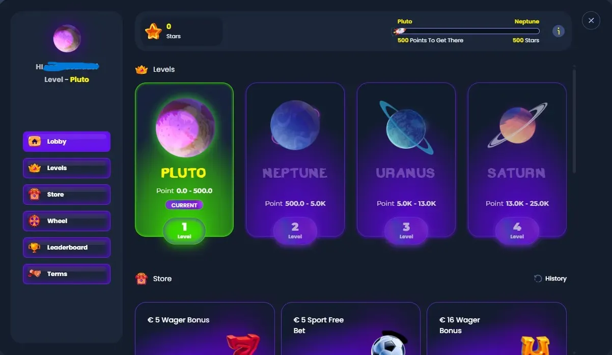 MyStake VIP programme page showing the ten planetary tiers, desktop view