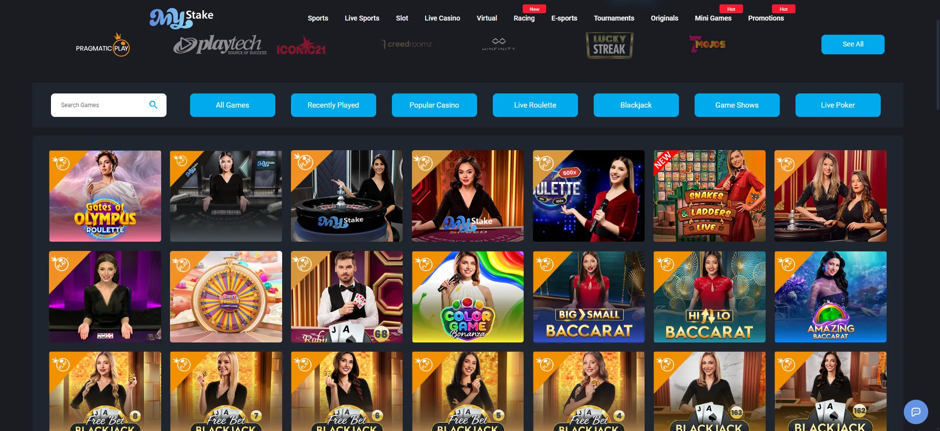 Live dealer lobby with Evolution and Pragmatic Play Live tables, desktop view