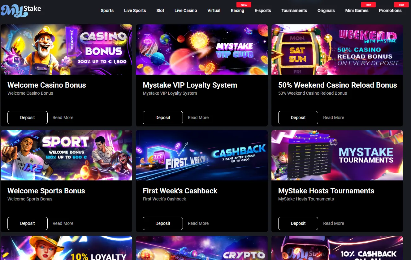 Promotions page listing the reload bonus, cashback and tournaments, desktop view